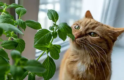 Znatiželjna mačka njuši sobnu biljku