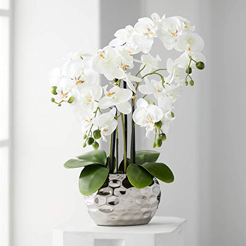 Dahlia Studios Aranžmani od umjetnog cvijeća u saksiji Realistična bijela Phalaenopsis orhideja u srebrnom loncu Dekoracija doma Dnevni boravak Ured Spavaća soba Kupaonica Kuhinja Blagovaonica 23